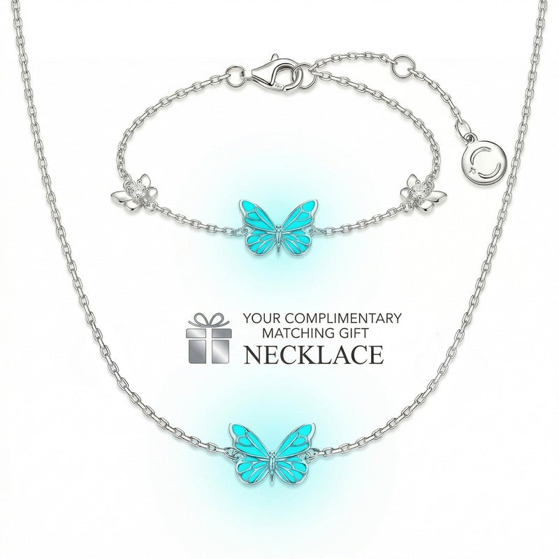 Bracelet + Luminous Butterfly Necklace, 925 Sterling Silver, Adjustable Fine Chain, Jewelry That Glows in the Dark, Captivating Nighttime Shine, Papirusa Model