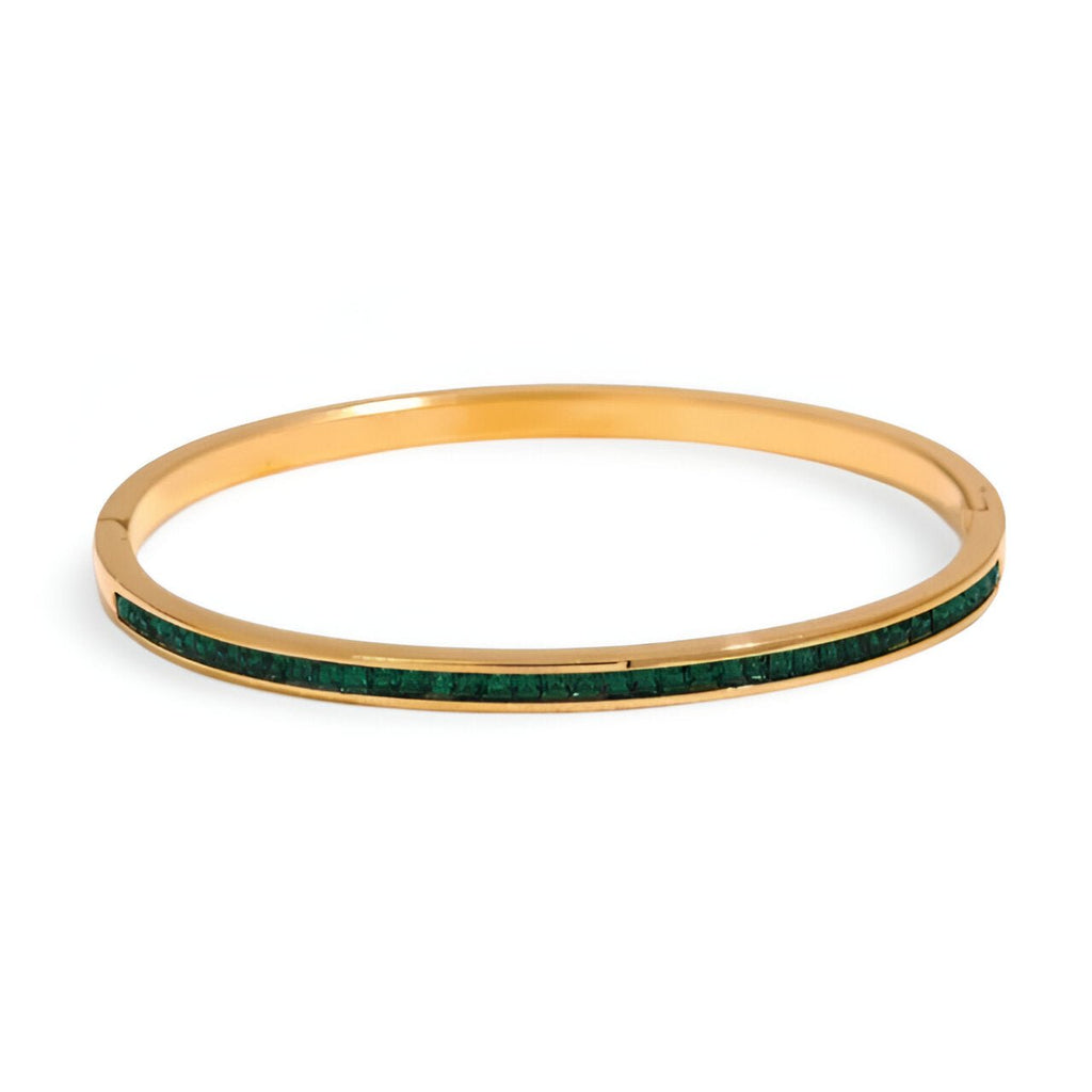Bracelet fin plaqué or avec incrustations vertes en acier inoxydable, style Vynette pour femme.