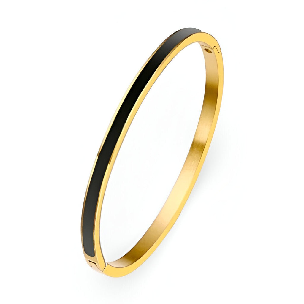 Bracelet jonc fin plaqué or avec émail noir brillant pour femme modèle Bryella.