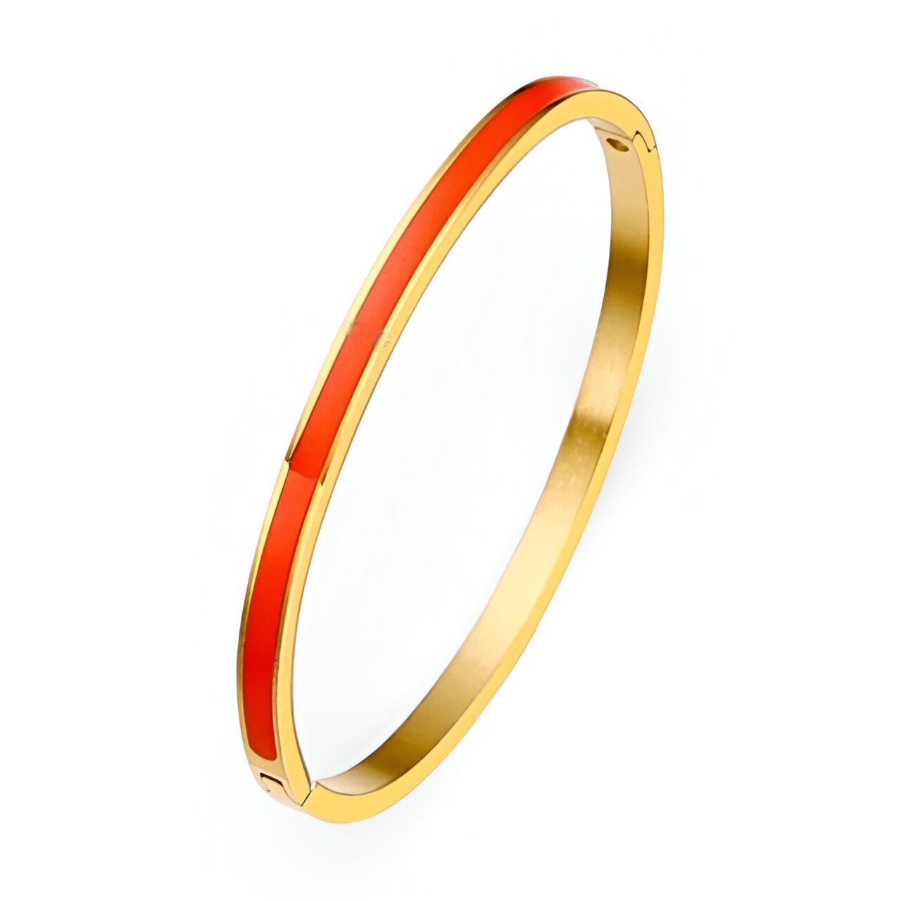 Bracelet jonc plaqué or avec émail orange vibrant en titane, style minimaliste pour femme.