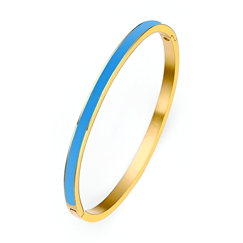 Bracelet jonc fin plaqué or avec émail bleu, style épuré et moderne pour femme.