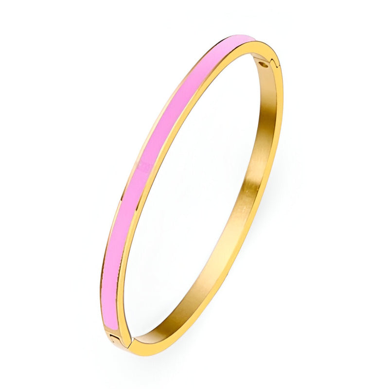 Bracelet jonc fin en titane plaqué or avec émail rose brillant pour femme.