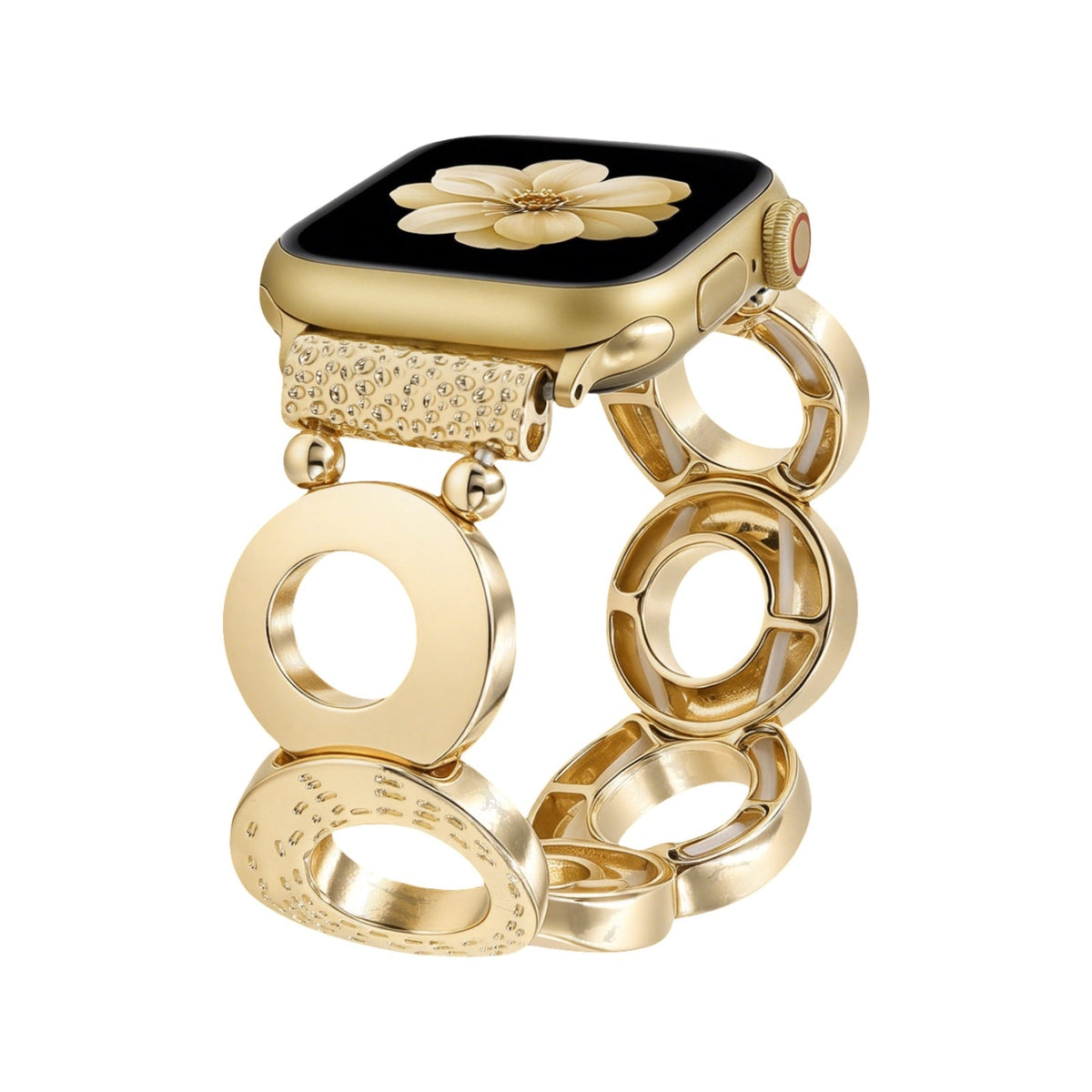 Bracelet compatible Apple Watch, maillons ronds ajourés en alliage métallique, confort élastique au poignet, modèle Erizène