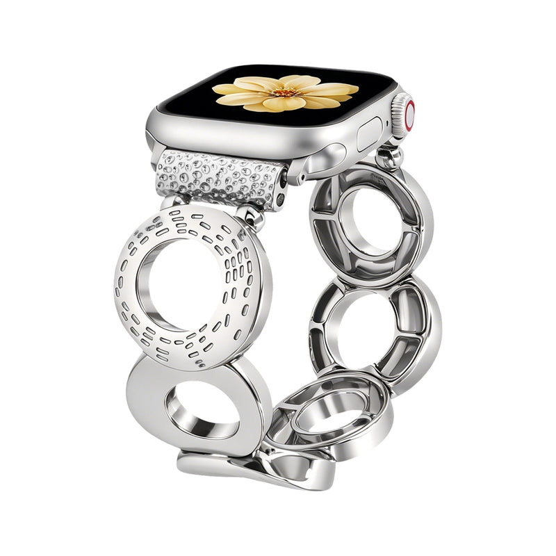 Bracelet compatible Apple Watch, maillons ronds ajourés en alliage métallique, confort élastique au poignet, modèle Erizène