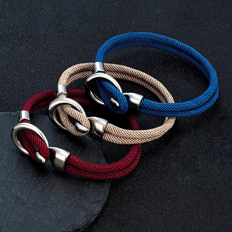 Bracelets cordon Pedro en acier inoxydable, bleu marine, beige et bordeaux, tailles variées.