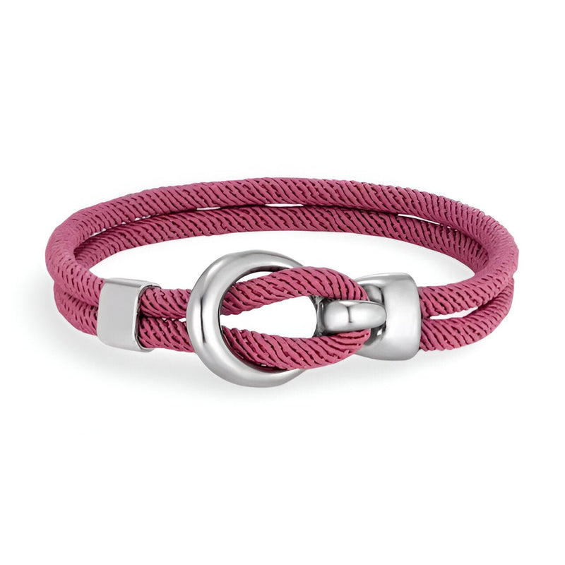 Bracelet cordon rose avec crochet en acier inoxydable finition argentée, style Pedro.