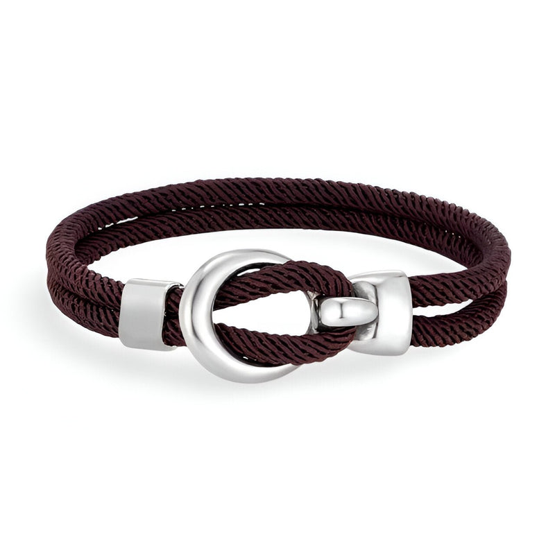 Bracelet cordon bordeaux avec crochet arrondi en acier inoxydable brillant, style Pedro.