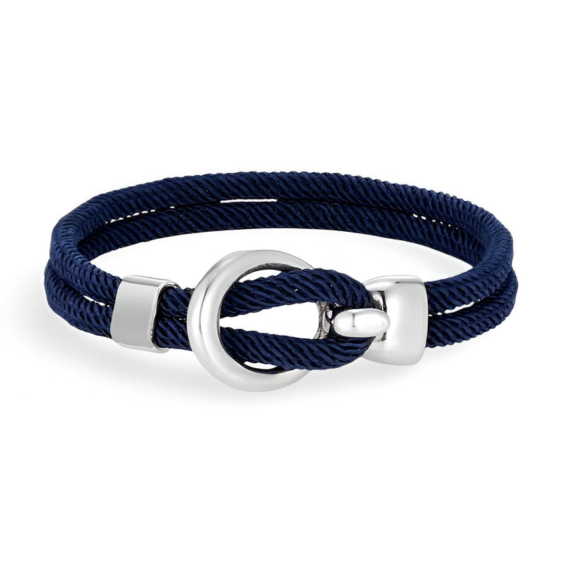 Bracelet cordon bleu marine à double tour avec crochet en acier inoxydable brillant.