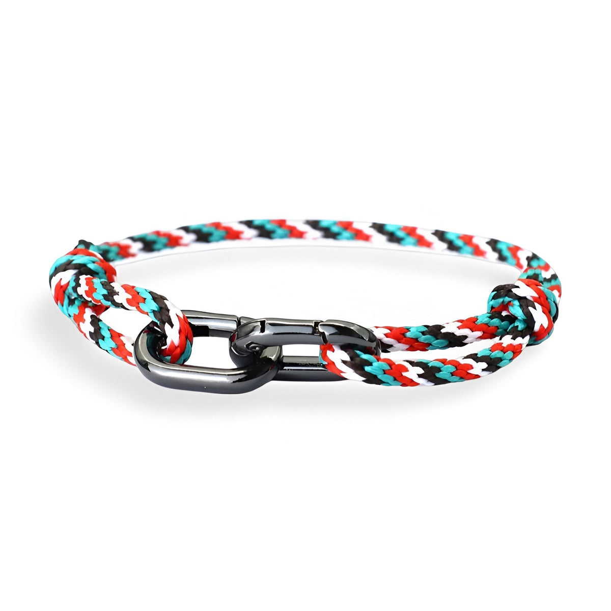 Bracelet cordon multicolore rouge, bleu et blanc avec double mousqueton noir en métal.