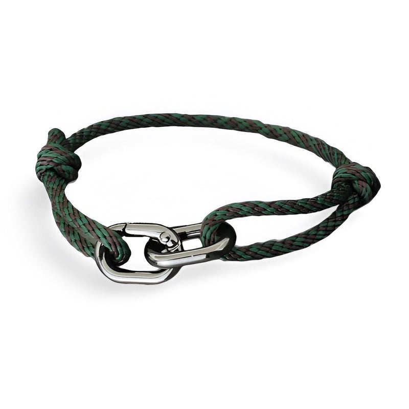 Bracelet cordon vert et marron avec double mousqueton argenté pour homme.