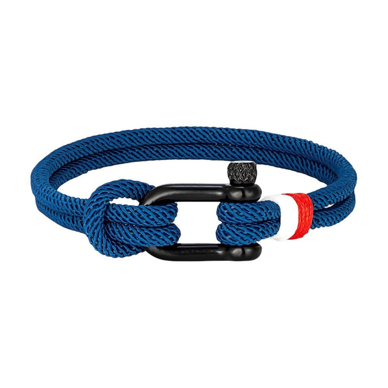 Bracelet cordon bleu marine avec manille noire, détail rouge et blanc, modèle Elmire.