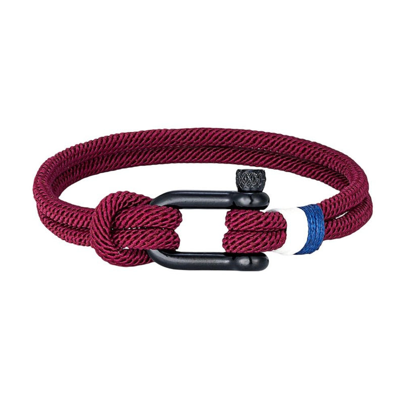 Bracelet cordon bordeaux à manille noire avec détail rouge et blanc, nœud marin ajustable.