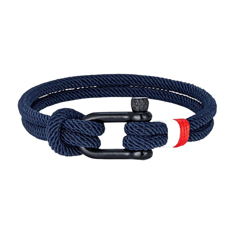 Bracelet cordon bleu marine à manille noire avec détail rouge et blanc, modèle Elmire.