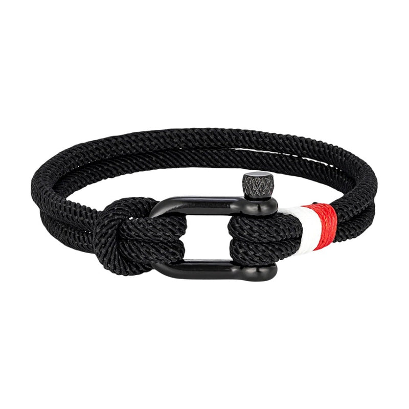 Bracelet cordon noir avec manille et mousqueton noir, détail rouge et blanc, modèle Elmire.