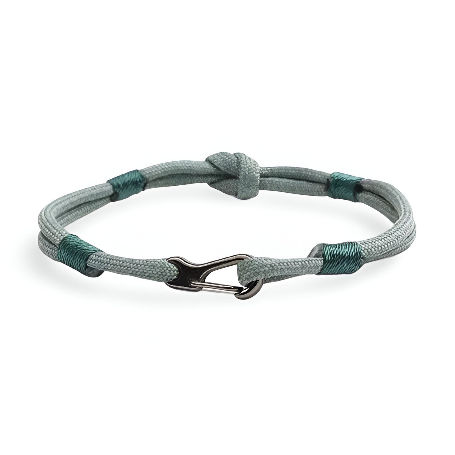 Bracelet cordon turquoise avec nœud et mousqueton métallique noir mat, style Parker pour homme.