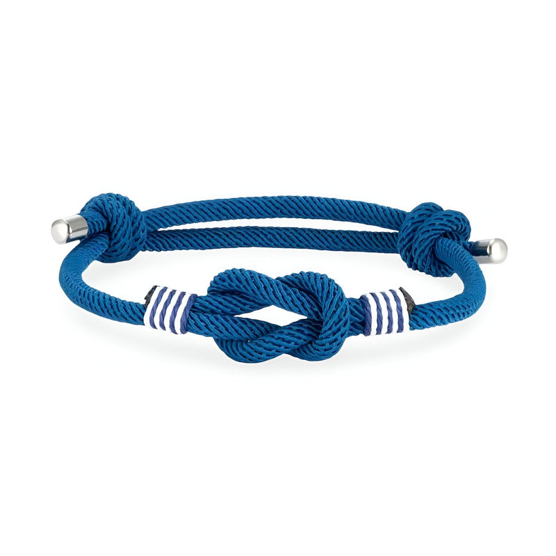 Bracelet cordon bleu marine à nœud central avec rayures blanches et fermoirs métalliques ajustable.