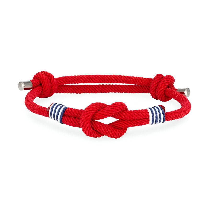 Bracelet cordon rouge à nœud marin avec rayures blanches et bleues, ajustable.