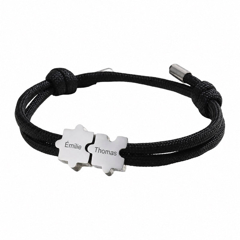Adjustable nylon cord bracelet, personalized jewelry with engravable puzzle piece, perfect gift for couples, Pouzie model