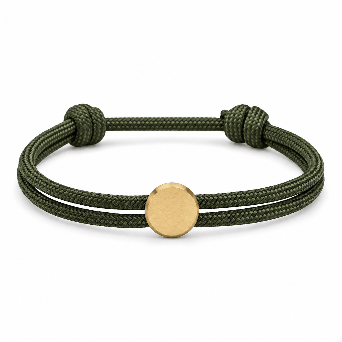 Bracelet Marsin Kaki et or, cordon ajustable et pastille ronde, posé de face sur fond blanc