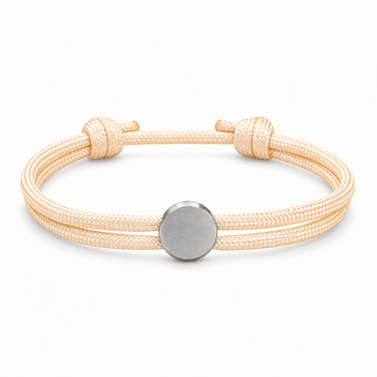 Bracelet Marsin Blanc crème et argent, cordon ajustable et pastille ronde, posé de face sur fond blanc