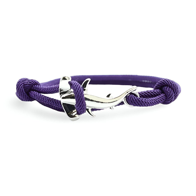 Bracelet cordon violet avec charm requin marteau en métal argenté design épuré.