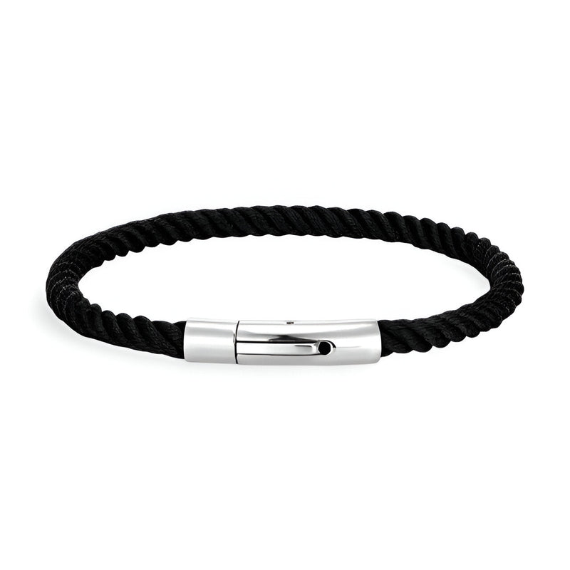 Bracelet cordon noir tressé avec fermeture métallique argentée mate, style unisexe, modèle Nash.