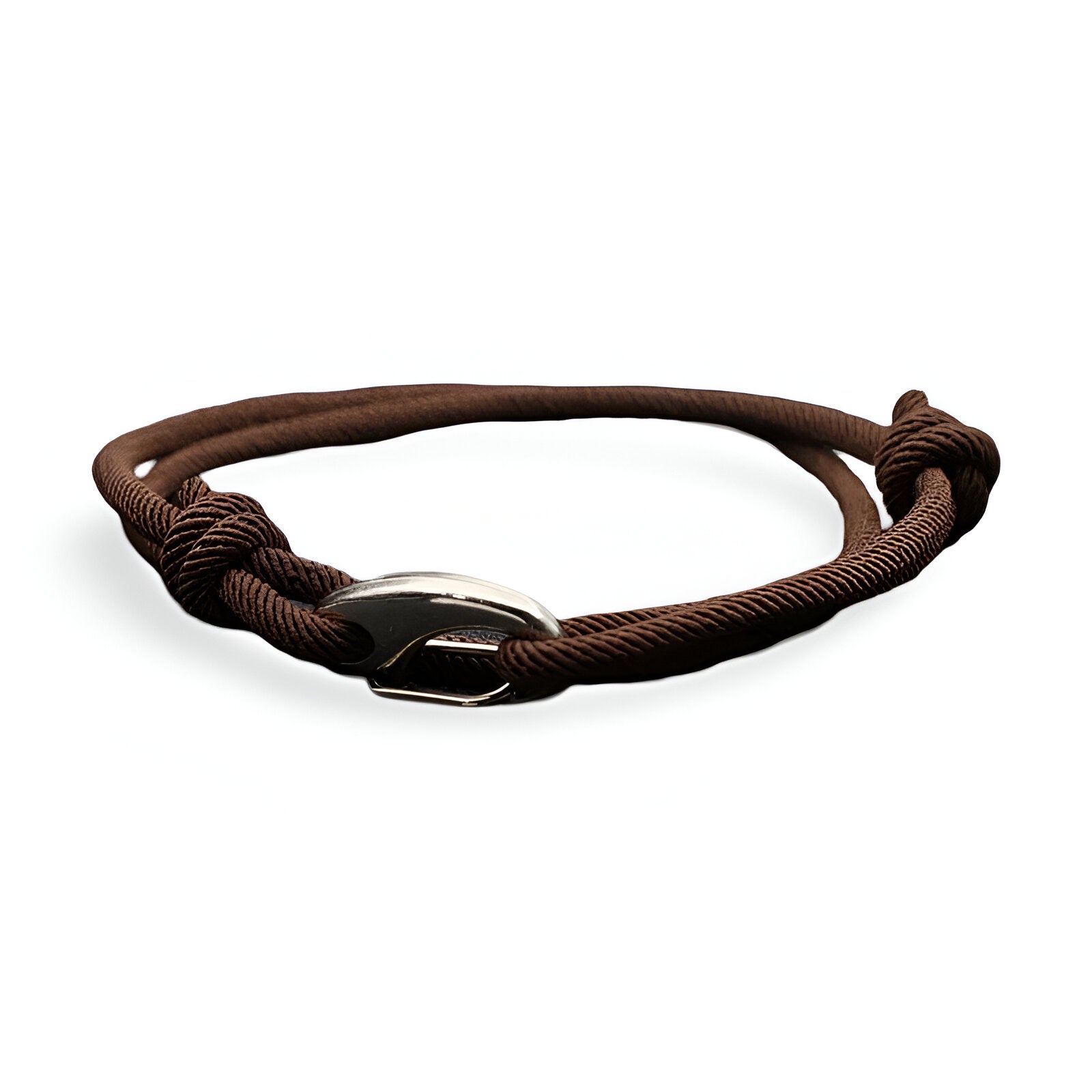 Bracelet cordon coulissant marron avec mousqueton métallique argenté, design simple et masculin.