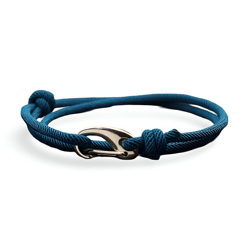 Bracelet homme cordon bleu avec fermoir mousqueton métal argenté réglable.