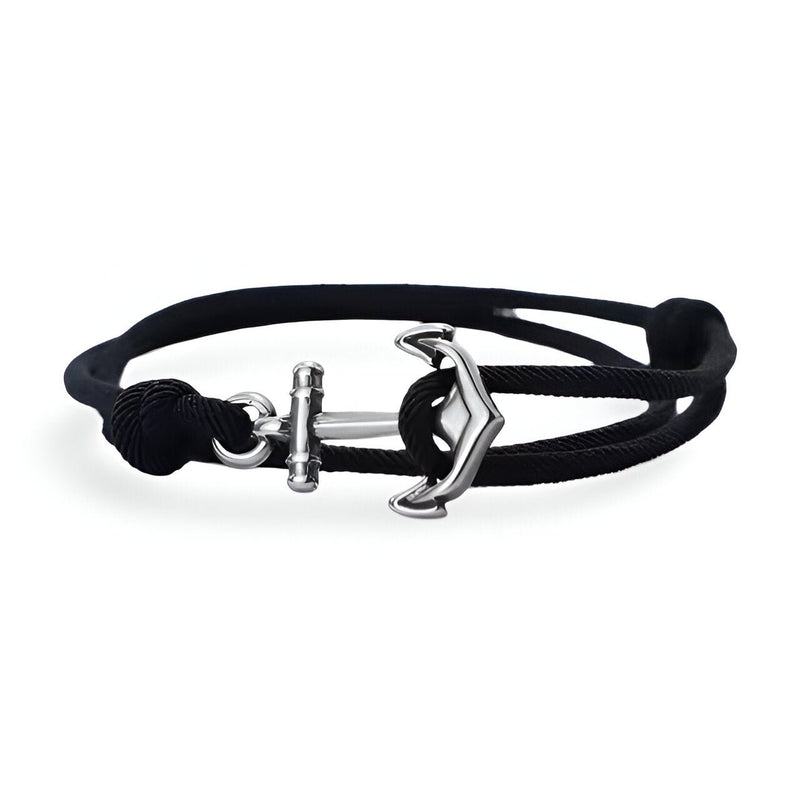 Bracelet cordon noir à ancre marine métallique argentée pour homme, modèle Mario.