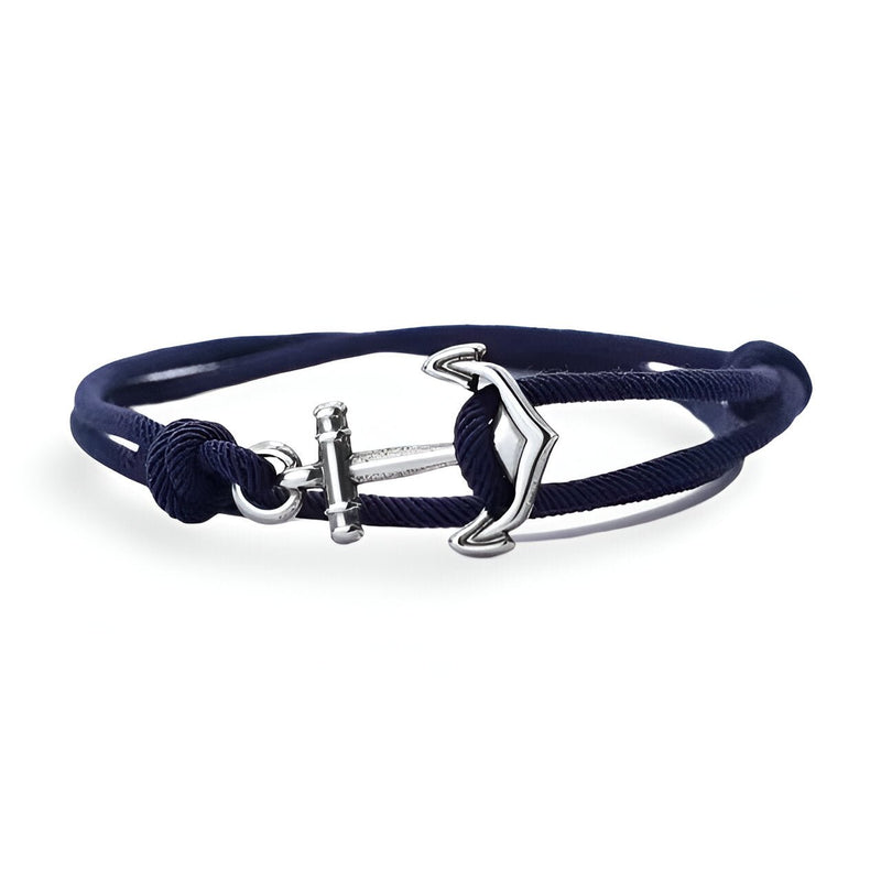 Bracelet cordon bleu marine avec ancre marine en métal argenté pour homme.