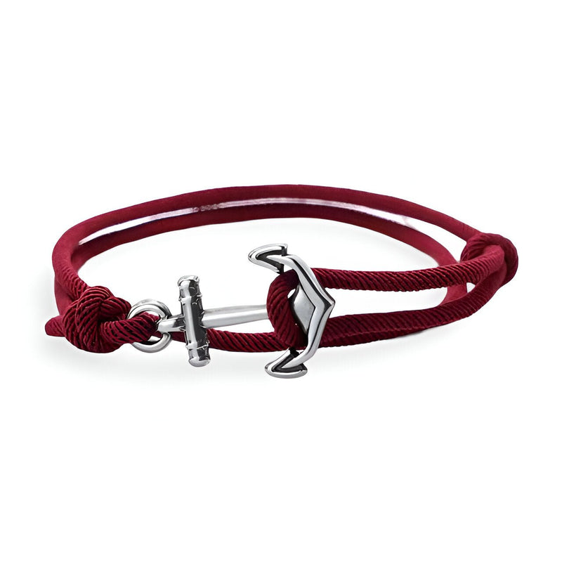 Bracelet cordon bordeaux avec ancre marine en métal argenté pour homme, modèle Mario.