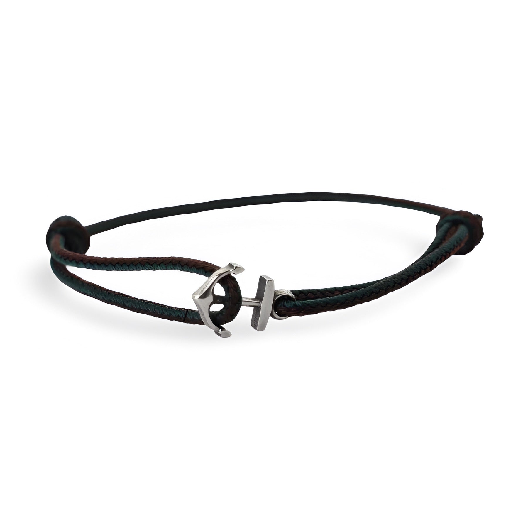 Bracelet cordon vert foncé avec ancre marine en métal argenté pour homme.