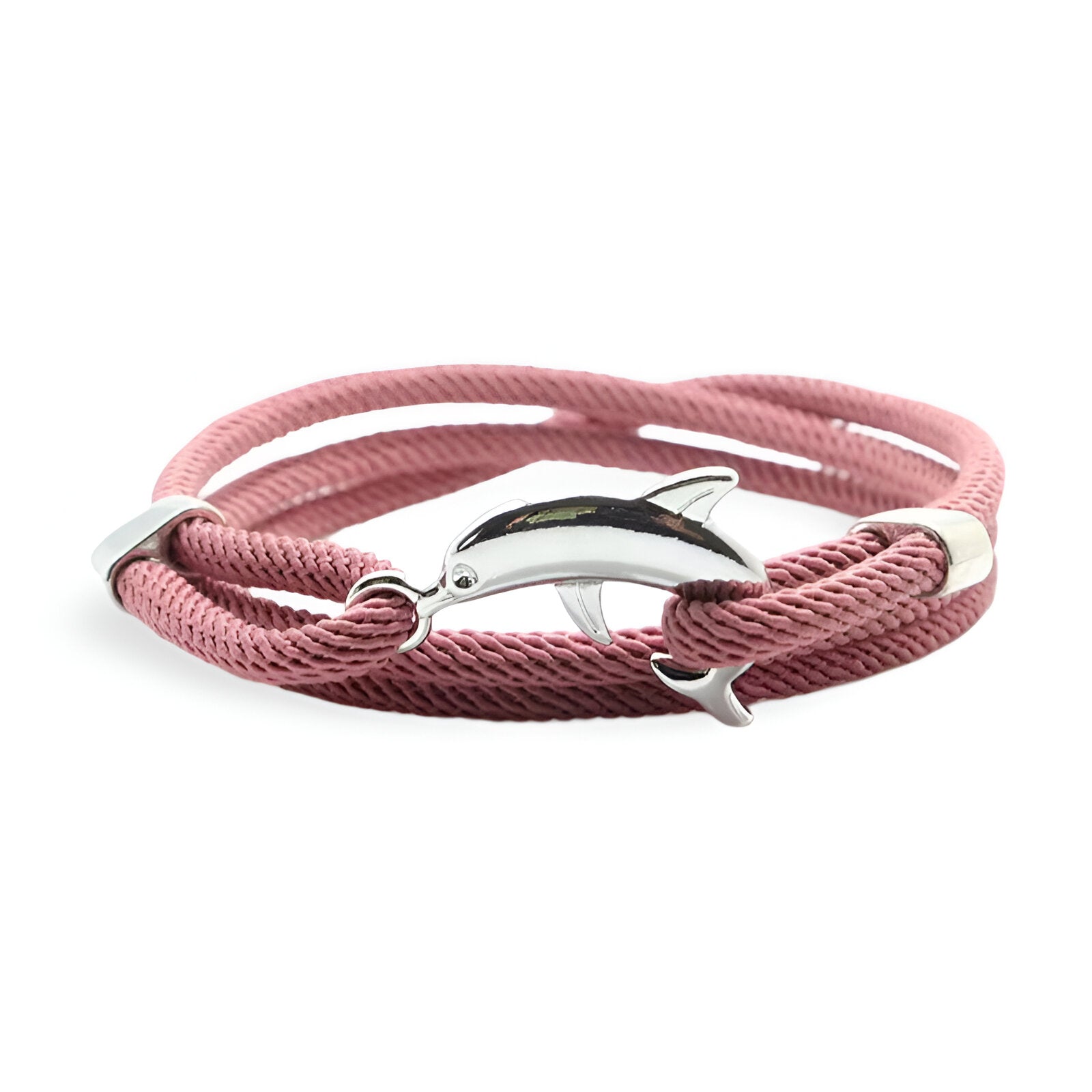 Bracelet cordon rose avec pendentif dauphin argenté lisse et détails métalliques brillants.