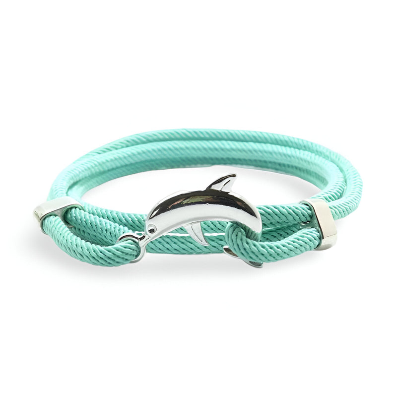 Bracelet cordon turquoise avec pendentif dauphin argenté pour homme.