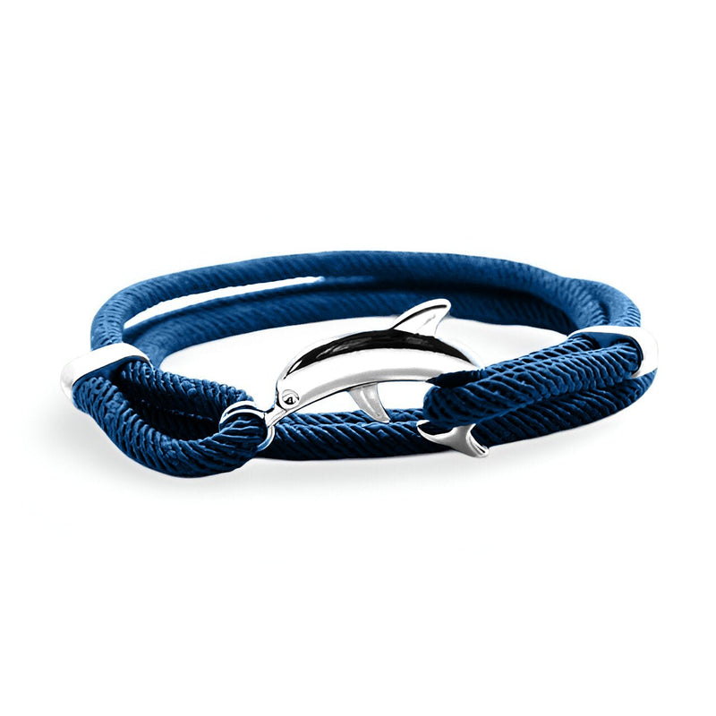 Bracelet cordon bleu avec dauphin argenté en pendentif pour homme.