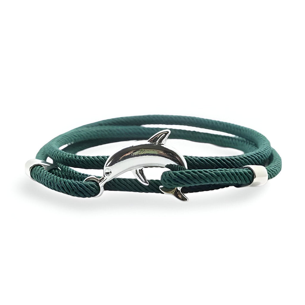 Bracelet cordon vert avec pendentif dauphin argenté pour homme.