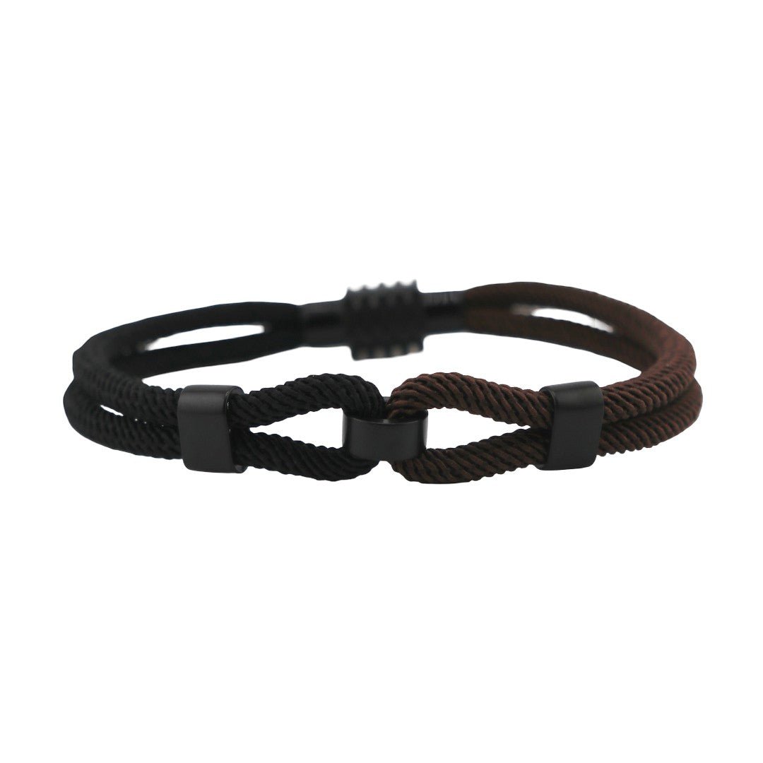 Bracelet cordon double bi-colore noir et marron, nœud coulant ajustable, style masculin simple et élégant.