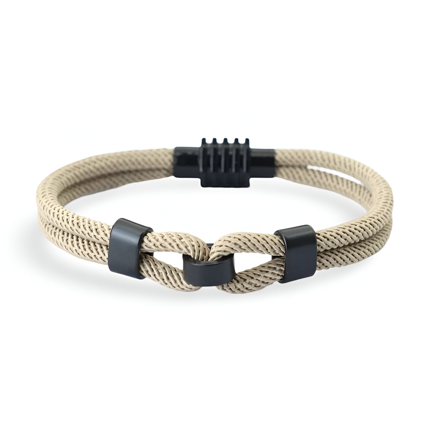Bracelet cordon beige double avec nœud et fermoir noir pour homme modèle Stevie.