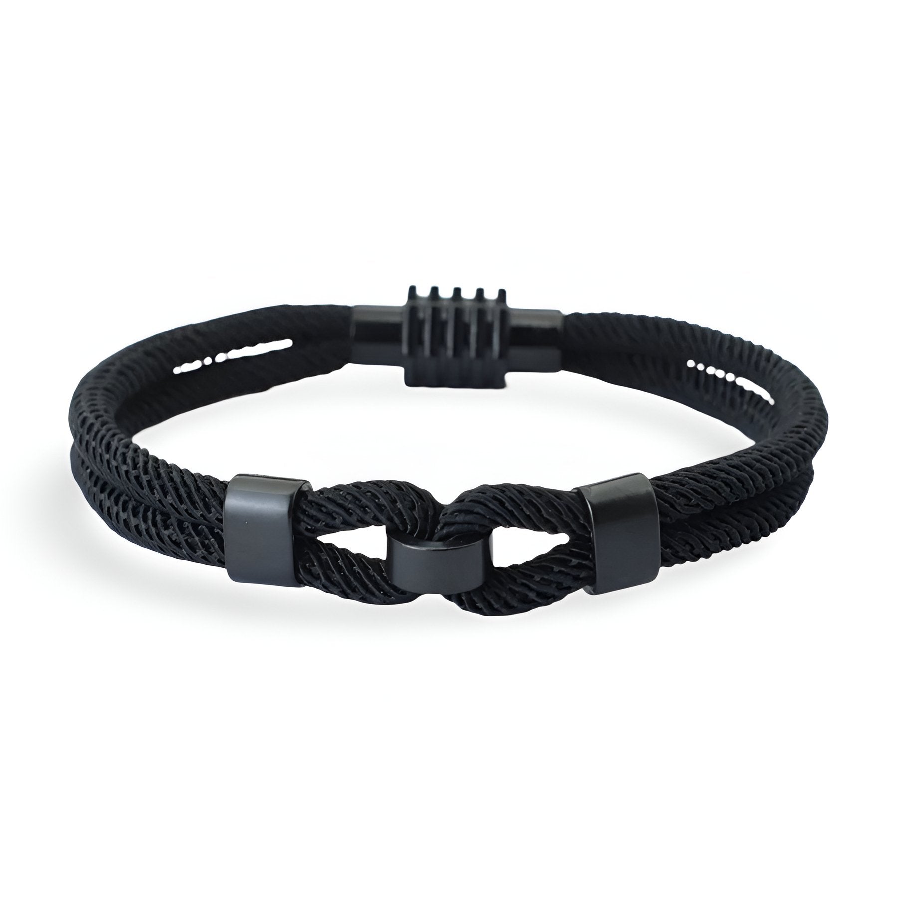 Bracelet cordon double noir à nœud pour homme avec fermoir magnétique noir mat.