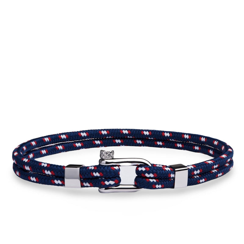 Bracelet cordon bleu double avec motifs blancs et rouges, mousqueton en acier inoxydable brillant, style masculin.