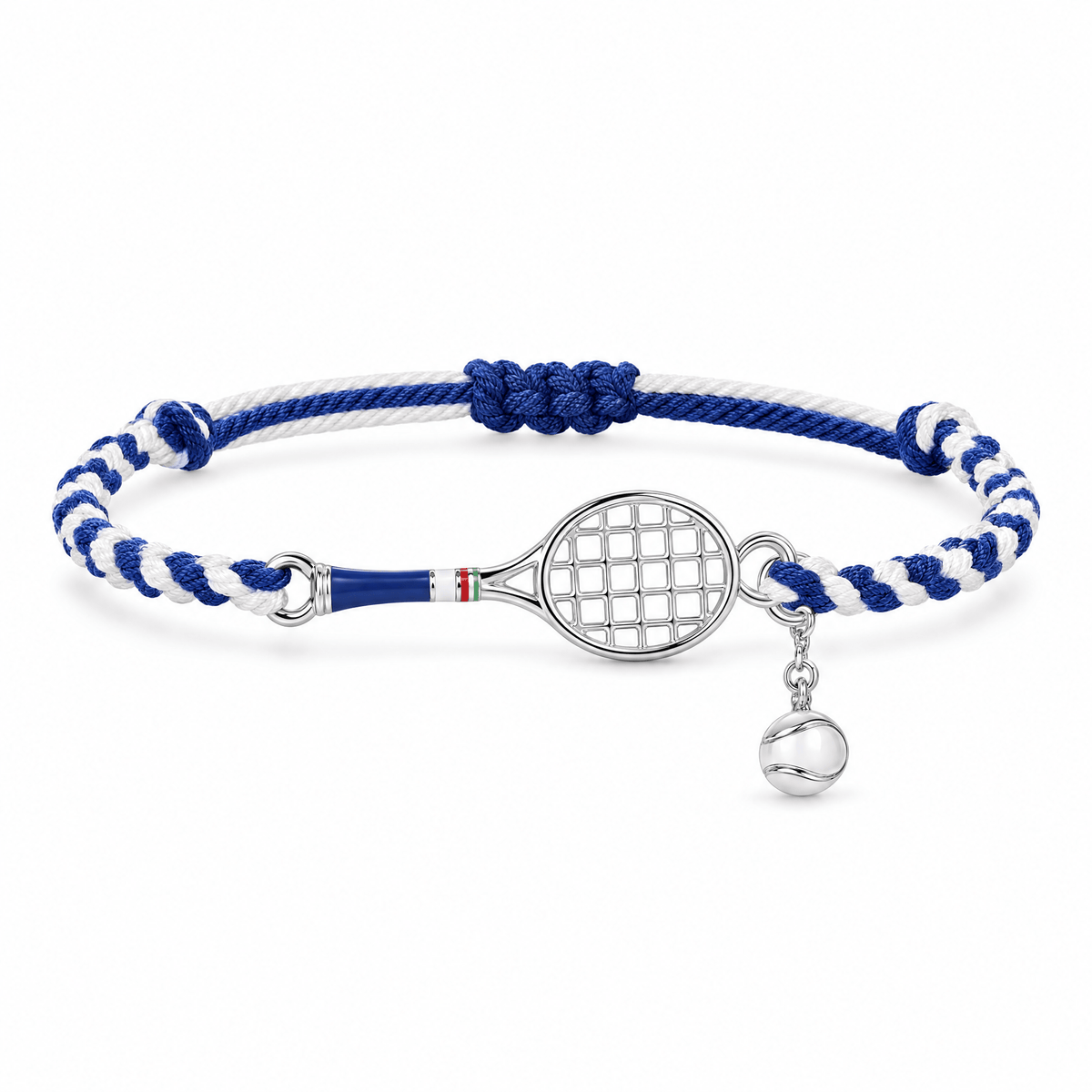 Bracelet Roland Bleu, charm tennis en acier inoxydable, posé de face sur fond blanc