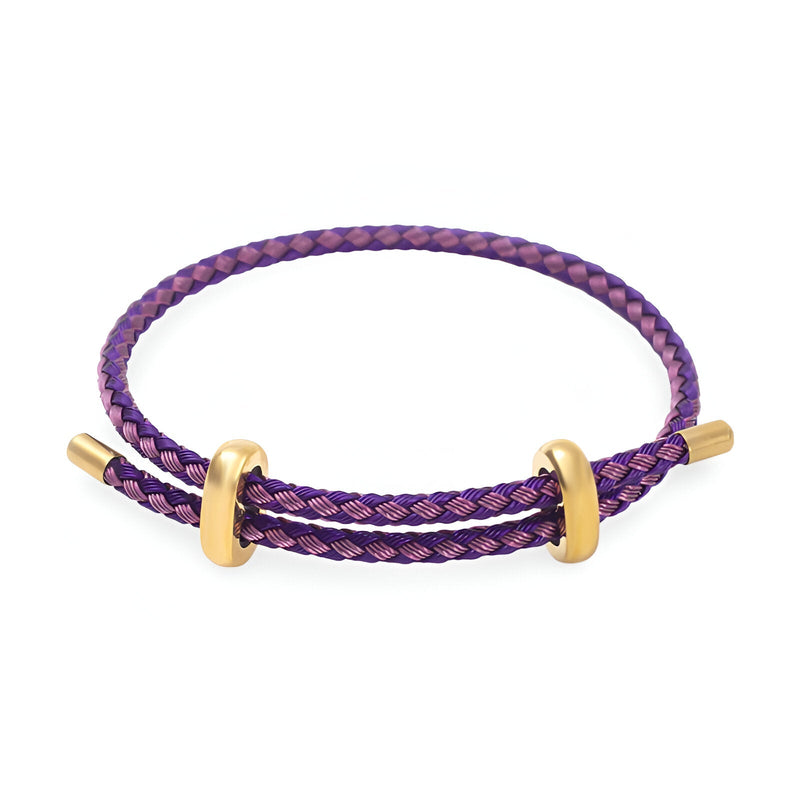 Bracelet cordon violet et rose tressé avec boucles en acier inoxydable doré.