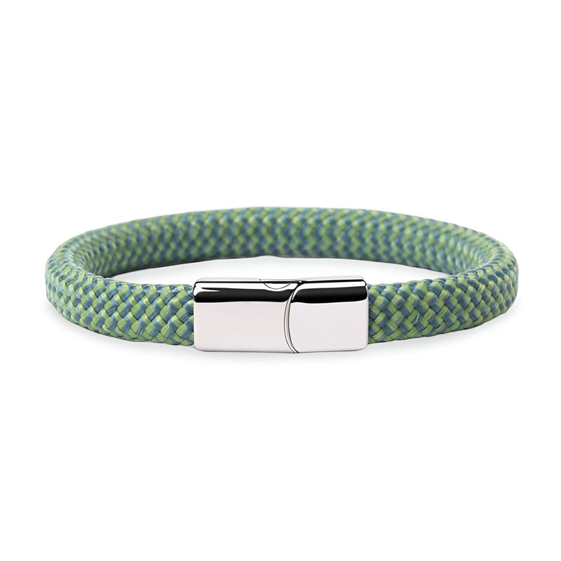 Bracelet cordon vert et bleu en corde de bateau avec fermoir en acier inoxydable poli.