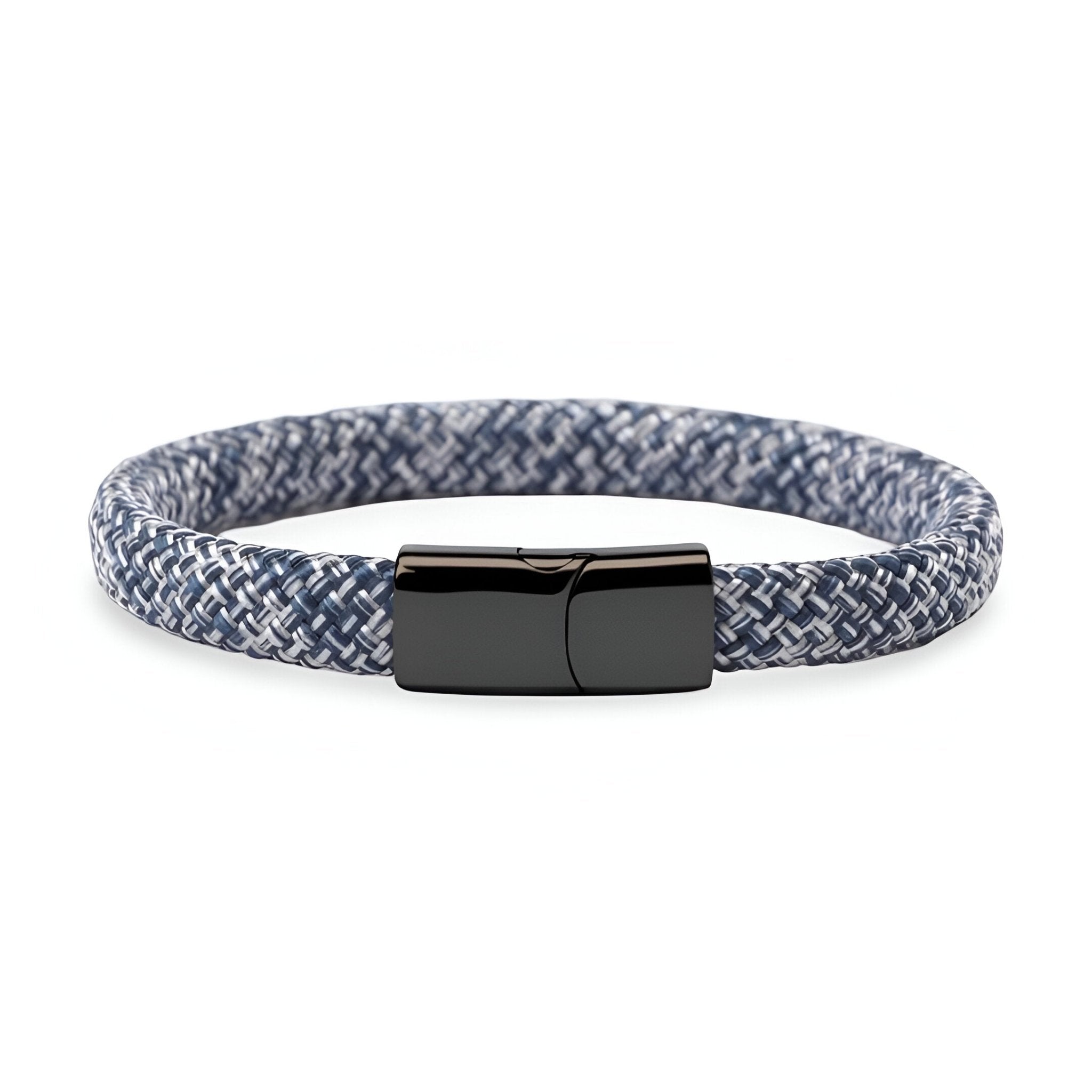 Bracelet cordon bleu en corde de bateau tressée avec fermoir magnétique en acier inoxydable noir brillant.