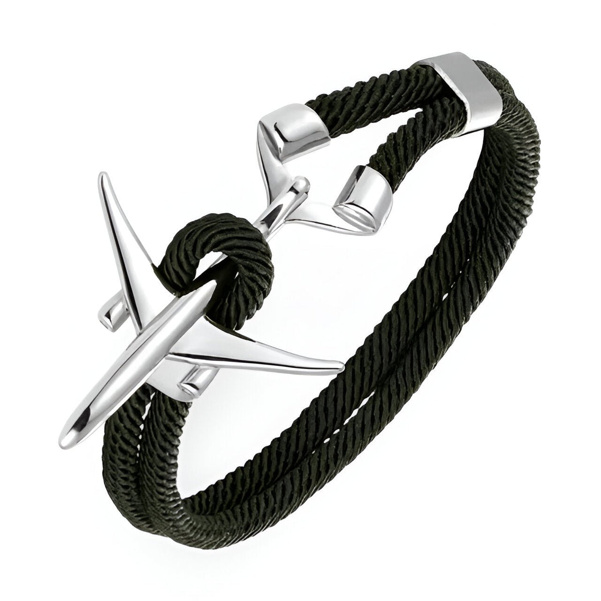 Bracelet cordon noir tressé avec avion en acier inoxydable brillant, modèle Winslow.
