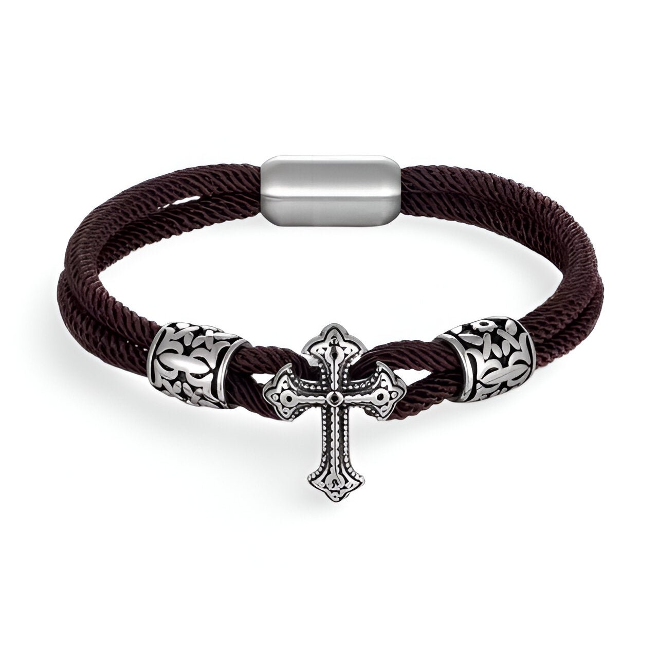 Bracelet cordon coton café avec croix chrétienne en acier inoxydable et fermoir magnétique.