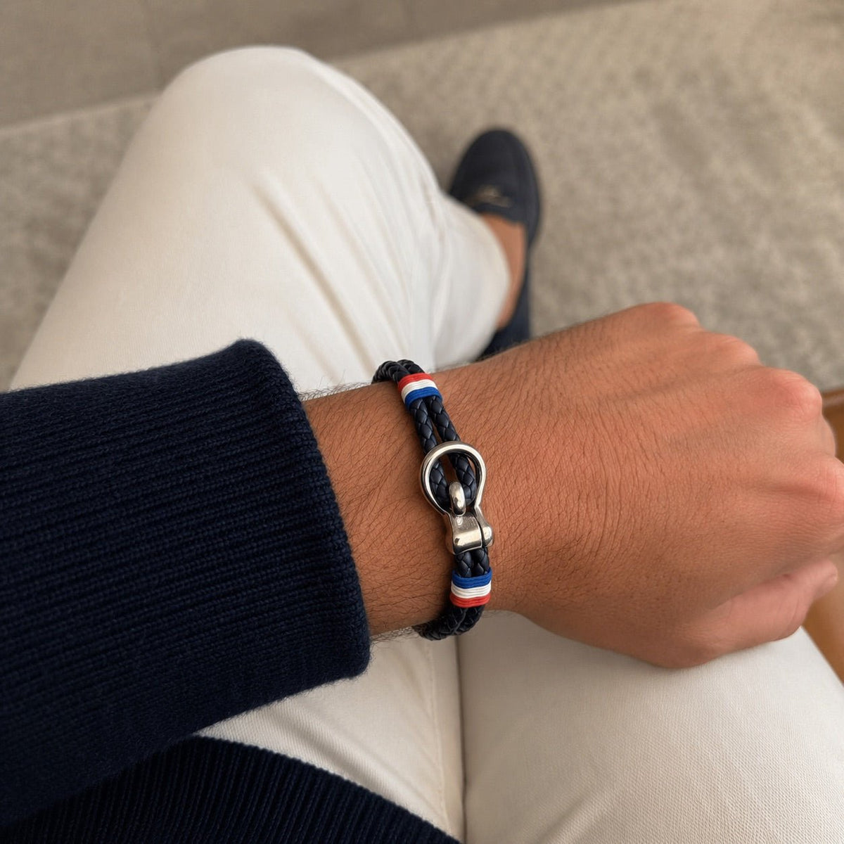 Double braided cord bracelet, stainless steel shackle clasp, French flag design, Oren model