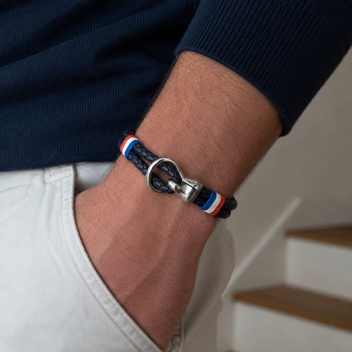 Double braided cord bracelet, stainless steel shackle clasp, French flag design, Oren model