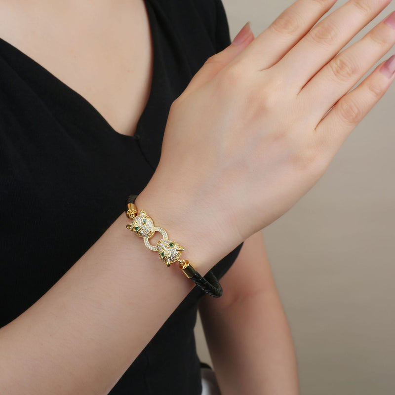 Pulsera de cordón de cuero, doble cabeza de guepardo, para mujer, modelo Mira