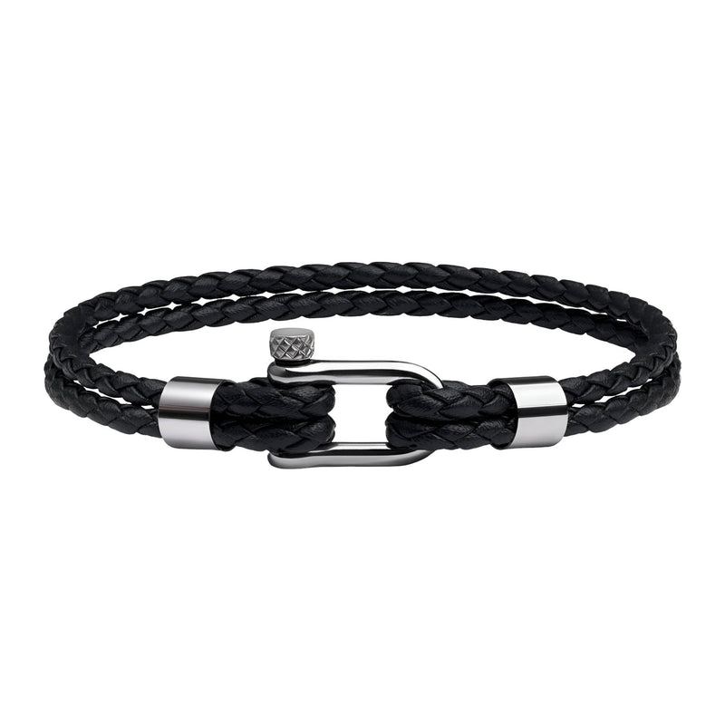 Bracelet homme en cuir noir tressé avec mousqueton acier inoxydable argenté modèle Ludo.